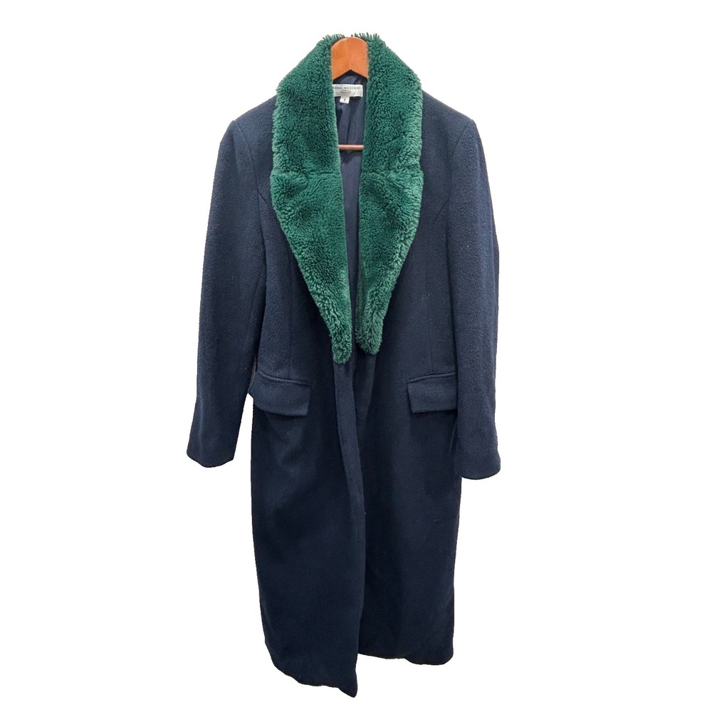 Marina Moscone Coat Womens 0 Navy Wool Blend Green Faux Fur Collar Long